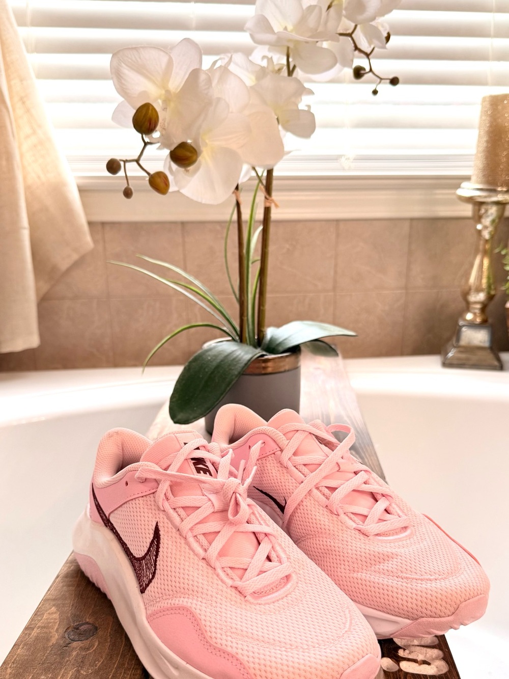 Nike Women's Light Pink Mesh Athletic Sneakers with Dark Swoosh